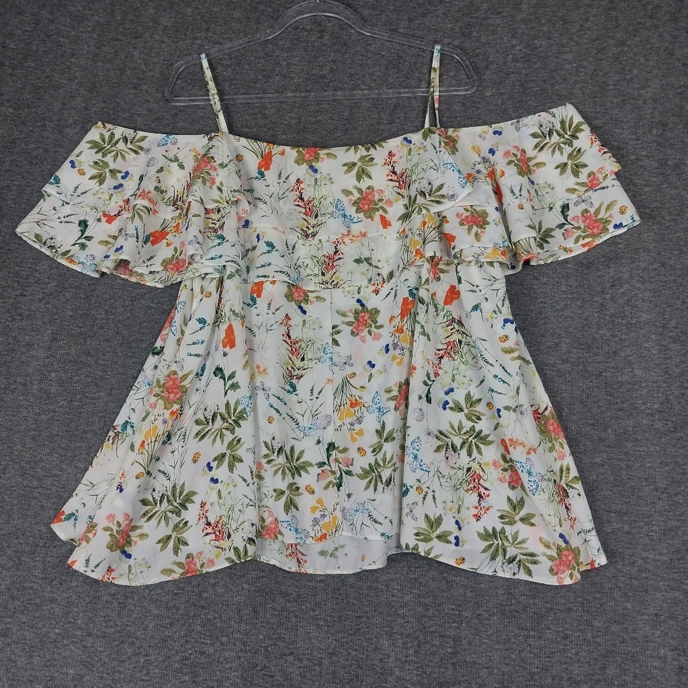 I JEANS BY BUFFALO WOMENS WHITE FLORAL FLUTTER SLEEVE COLD SHOULDER BLOUSE SZ XL - Picture 6 of 6
